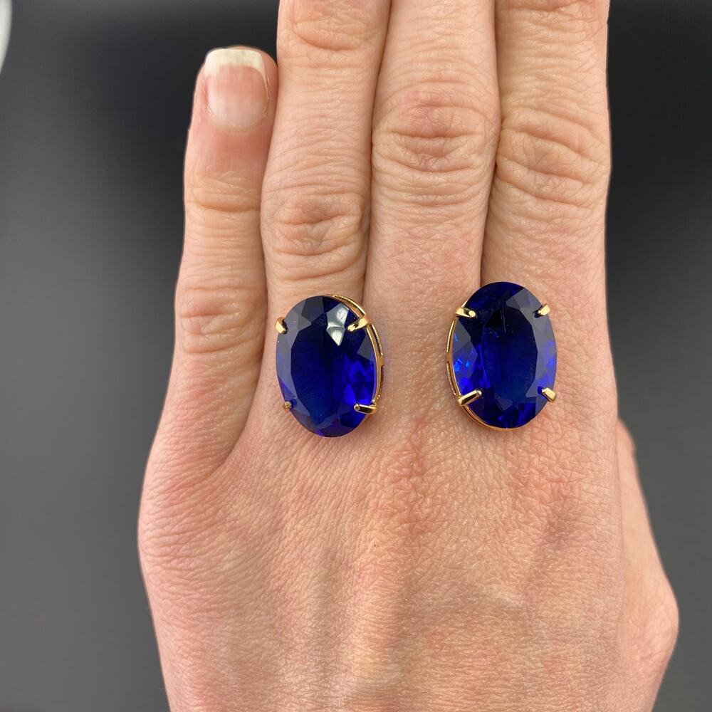 Reconstituted Sapphire Classic Large Oval 18k Gold Plated Earrings